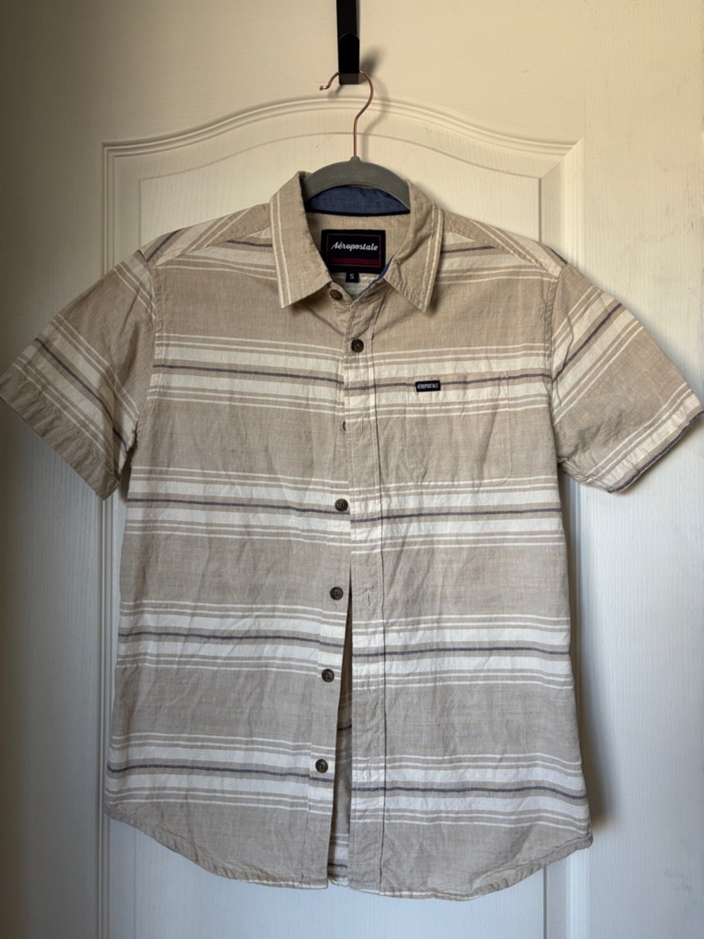 Aeropostale Beige and White Striped Short Sleeve Button-Down